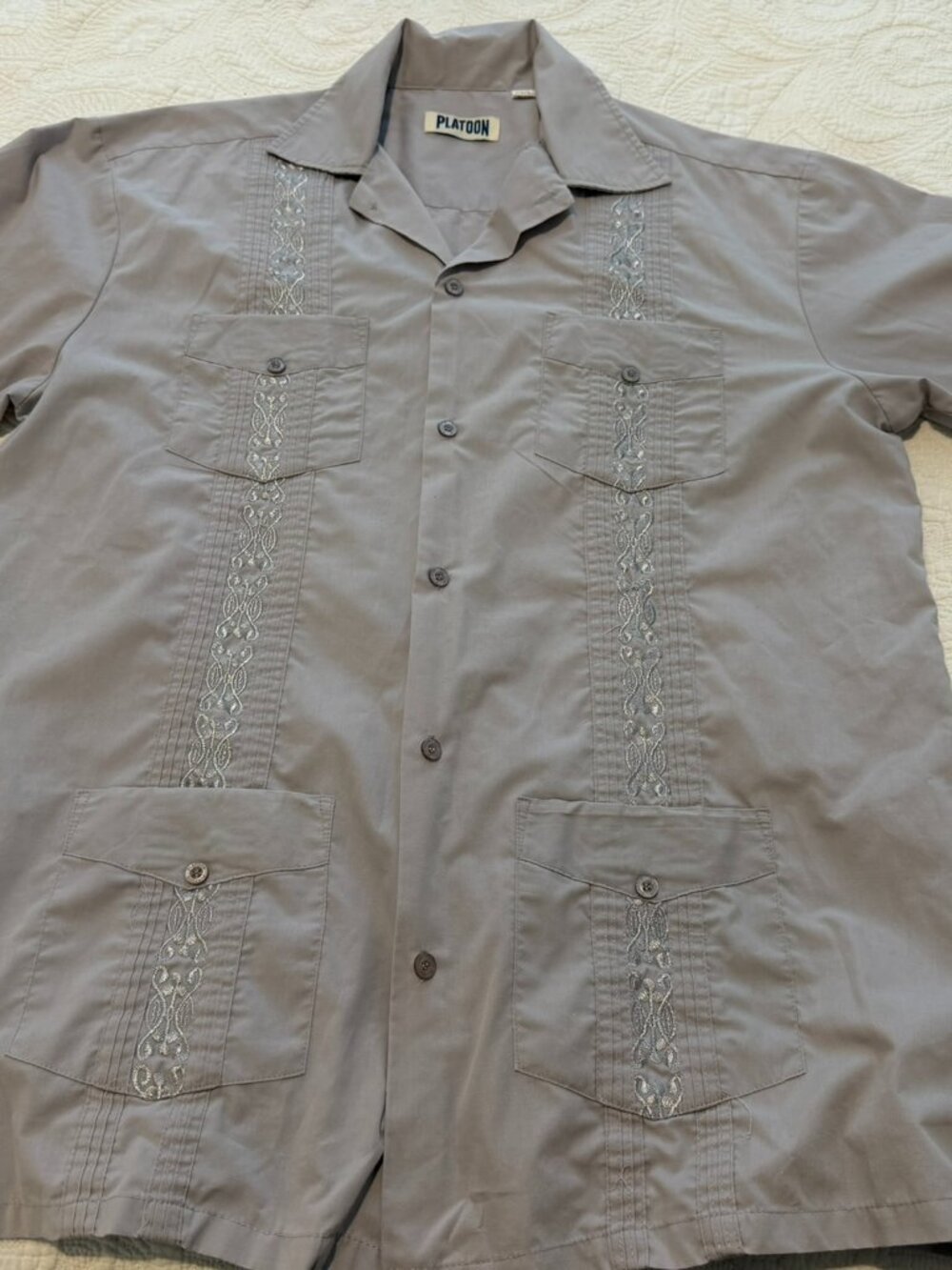 Platoon Embroidered Guayabera Shirt – XL – Gray Short Sleeve Button Up